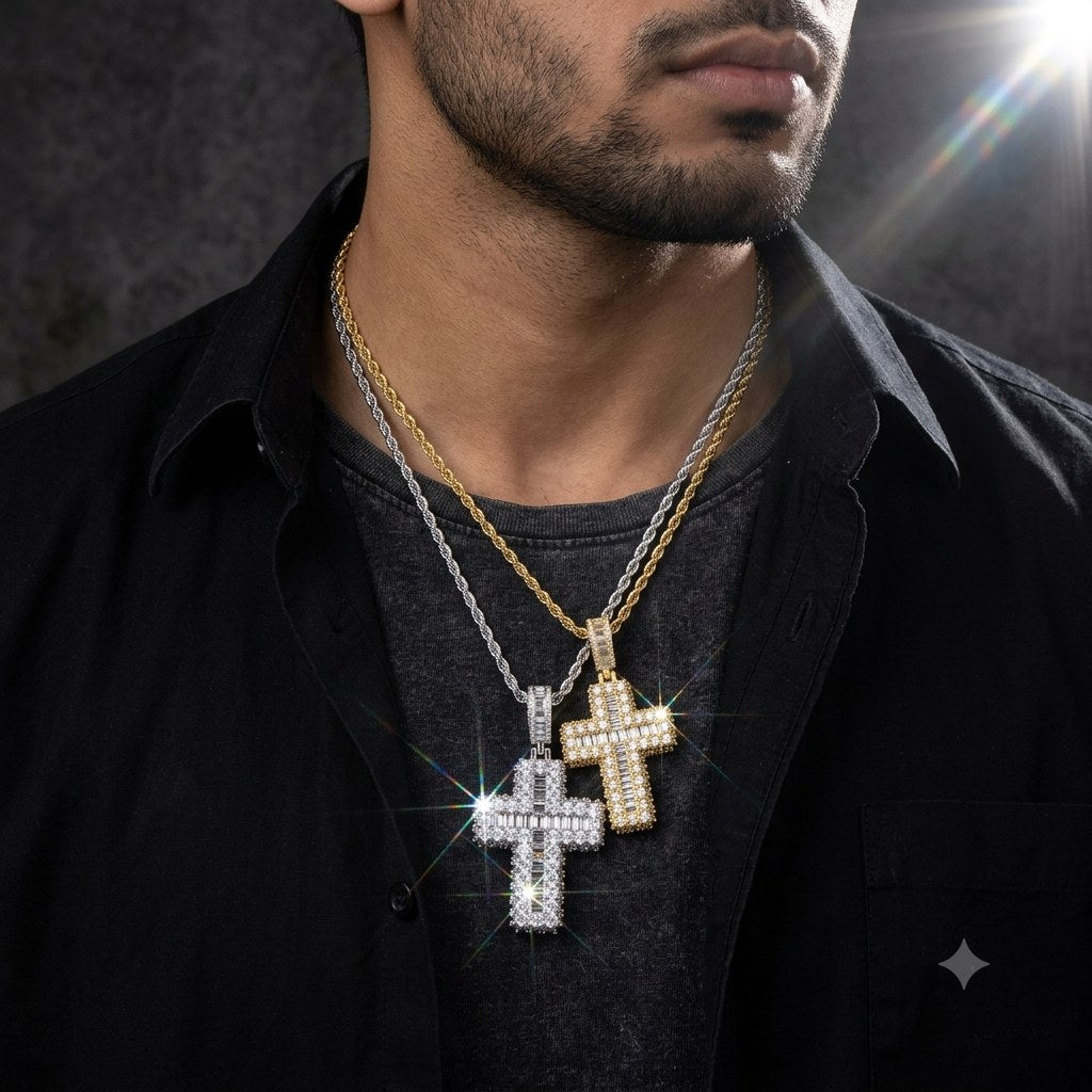 Baguette Cross Pendant worn by model | OUTLWD