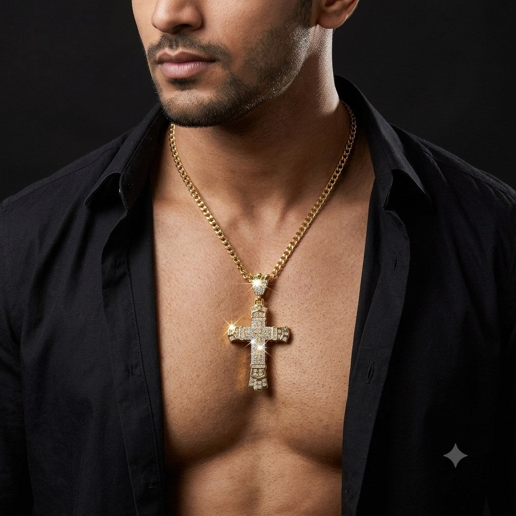 ICED Cross & Chain (Gold) worn by model | OUTLWD