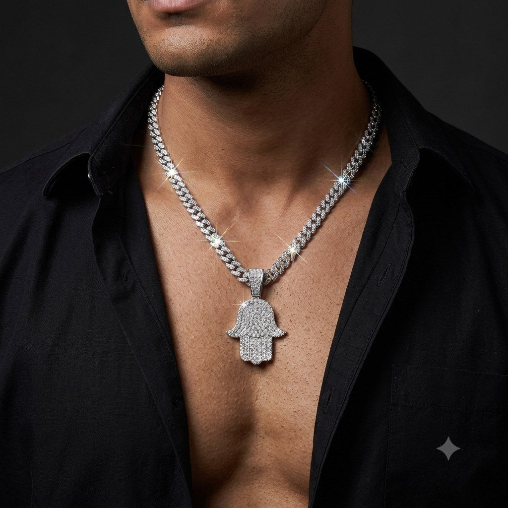 ICED Hamsa Pendant worn by model | OUTLWD