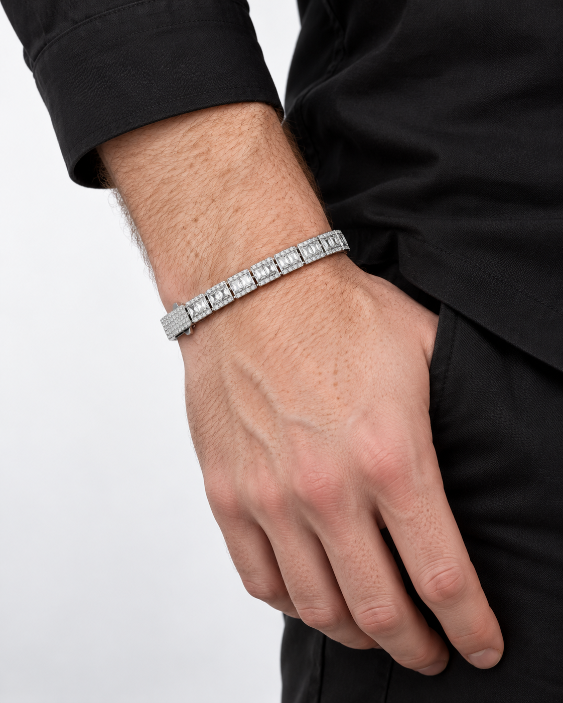 Square Baguette Tennis Bracelet, 7mm, 8 Inch, White-Gold Plated — studio styling