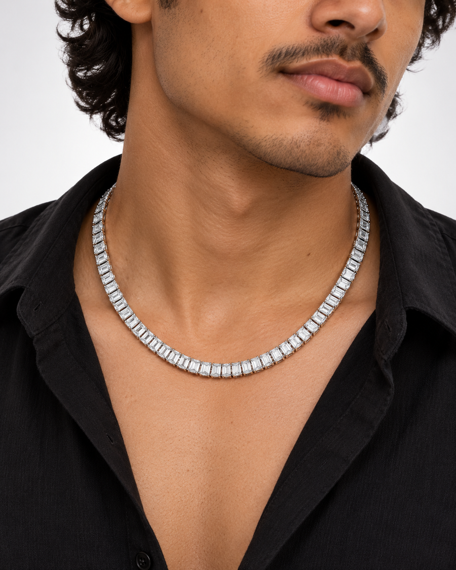 Baguette Tennis Chain, 7mm, 20 Inch, White-Gold Plated — studio styling