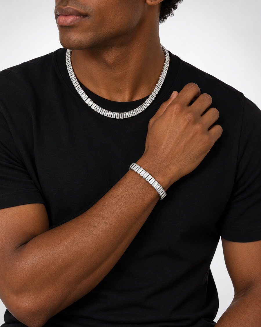 Baguette Tennis Chain + Bracelet Set, White-Gold Plated — studio styling