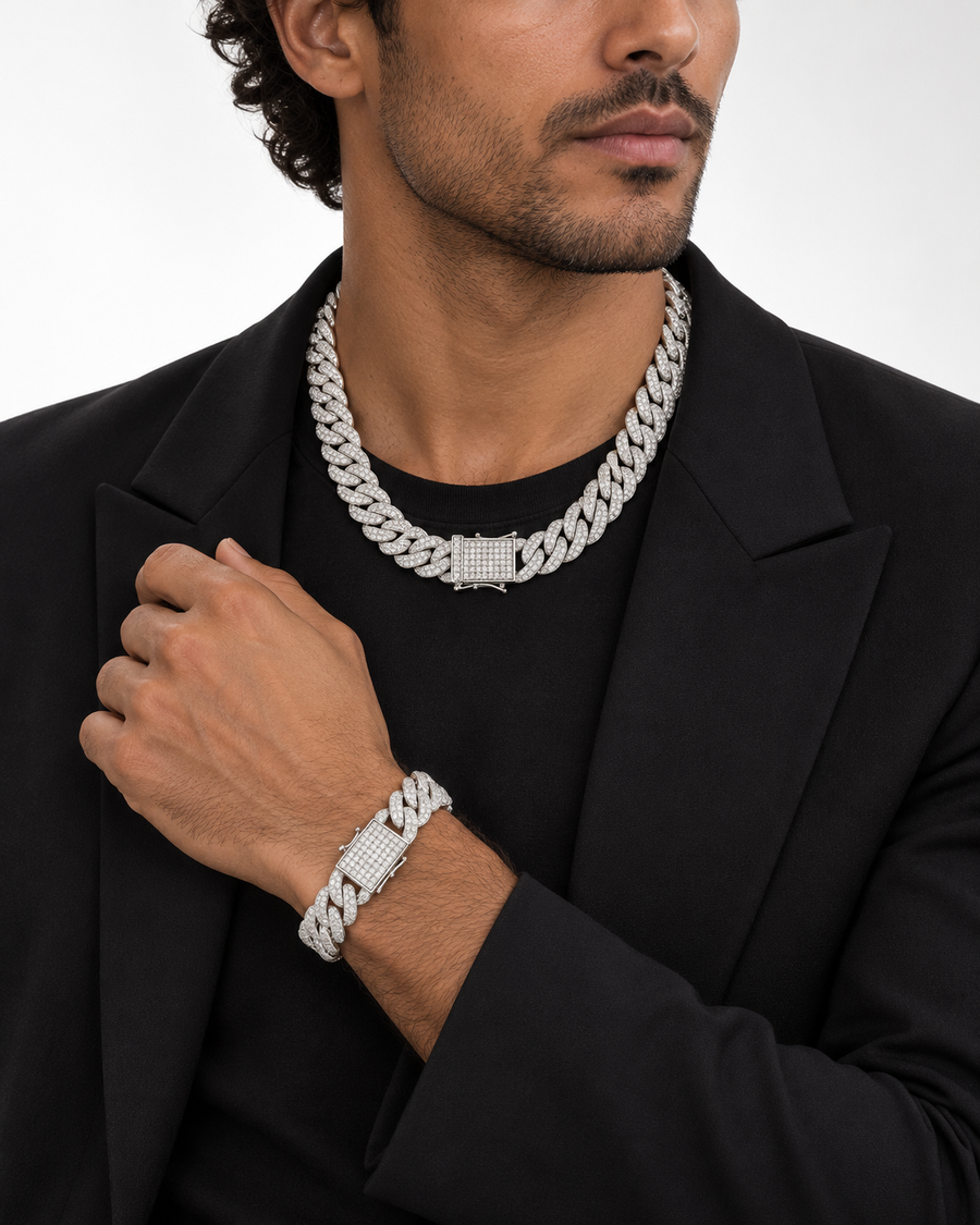 ICED Classic Cuban Chain + Bracelet Set, 14mm, White-Gold Plated — studio styling