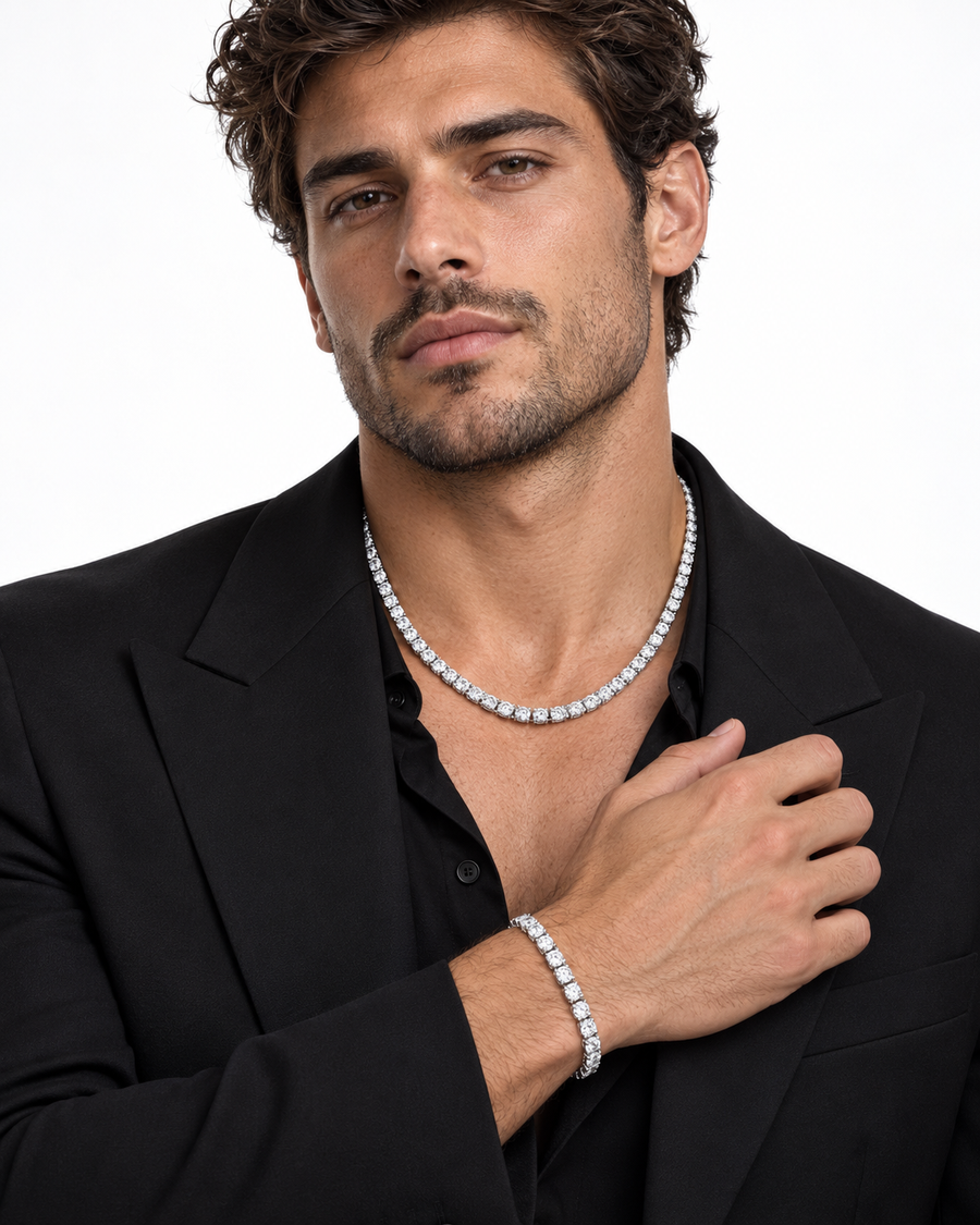 Tennis Chain + Bracelet Set, 5mm, White-Gold Plated — studio styling